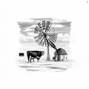 Farmer with windmill, pig and cow tattoo design idea
