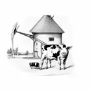 Farmer with windmill, pig and cow tattoo design idea