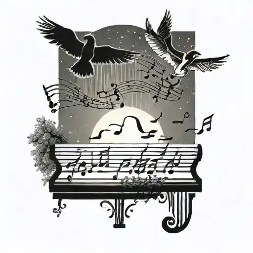 A sheet of music notes transforming into birds flying into a sunset horizon tattoo design idea