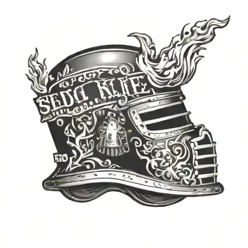 ned Kelly helmet with the words " Such Is Life". under the helmet curving upwards. the whole image is engulfed in flames tattoo design idea