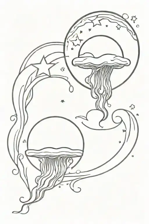 heart with sunrise and waves crashing, two tiny jellyfish to signify children, stars and moon tattoo design idea