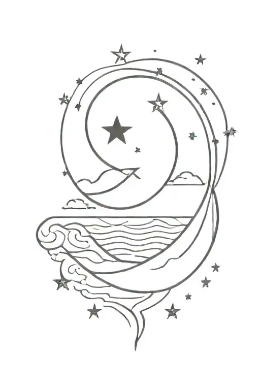 heart with sunrise and ocean waves inside, stars and moon tattoo design idea