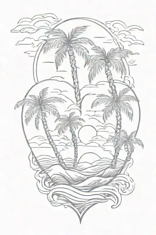 heart with sunrise and ocean waves inside, 2 small Palm trees tattoo design idea