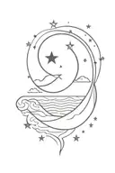 heart with sunrise and ocean waves inside, stars and moon tattoo design idea