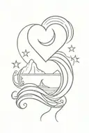 heart with sunrise and ocean waves inside, stars and moon tattoo design idea