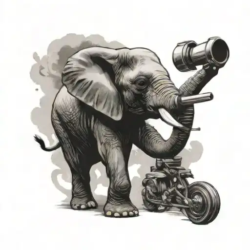 a female elephant holding a machine gun with her trunk  tattoo design idea