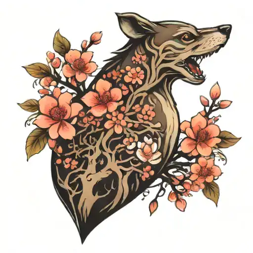 self love with tree, sakura, flowers, animals, inner child  tattoo design idea