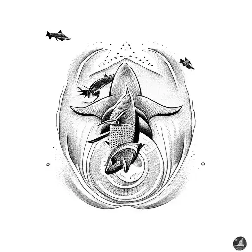 Abstract blackwork design of a scuba diver descending into the depths surrounded by hammerhead sharks tattoo design idea
