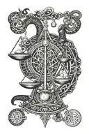 A tattoo of the scales of Libra balanced with ancient nordic symbols, representing balance in chaos, love and peace tattoo design idea