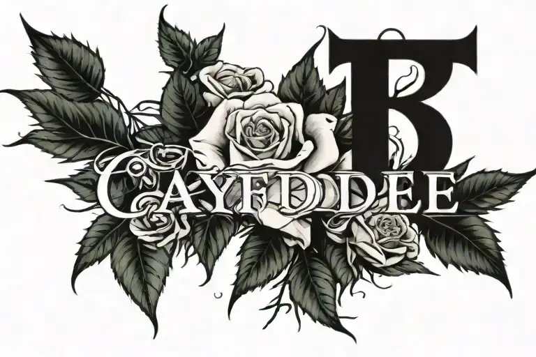 The name caydee up front writen in rose thorns with roses around the name tattoo design idea
