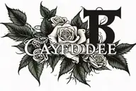 The name caydee up front writen in rose thorns with roses around the name tattoo design idea