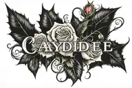 The name caydee up front writen in rose thorns with roses around the name tattoo design idea