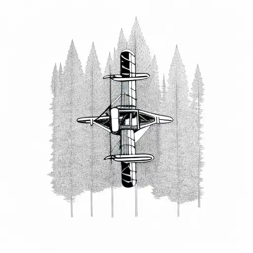 A vintage biplane flying over a dense forest tattoo design idea
