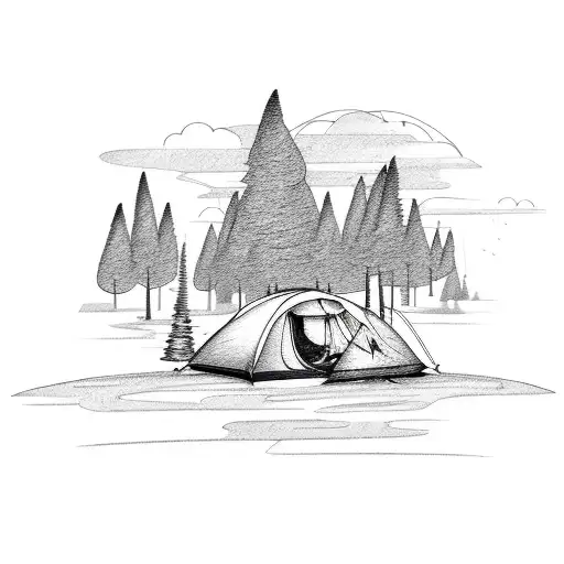 small private airplane flying over dense forest with a small campfire and tent visible beside a lake tattoo design idea
