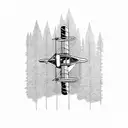 A vintage biplane flying over a dense forest tattoo design idea