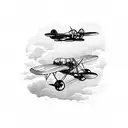 A vintage biplane flying over a dense forest tattoo design idea