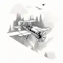 A vintage biplane flying over a dense forest tattoo design idea