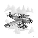A vintage biplane flying over a dense forest tattoo design idea