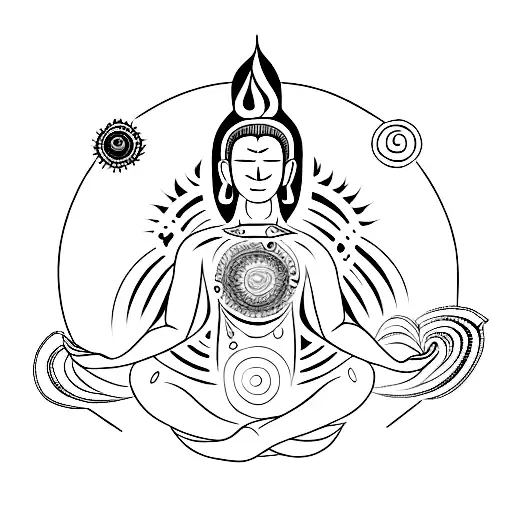 A black and grey tattoo of a meditating figure surrounded by chakra symbols tattoo design idea