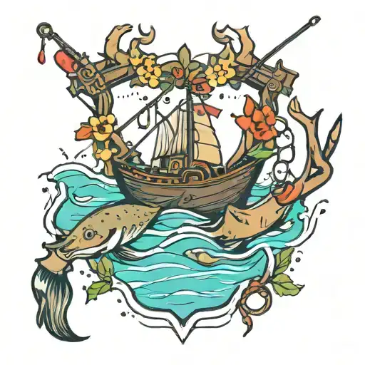 fishing rod with boat ores and antlers intertwined tattoo design idea