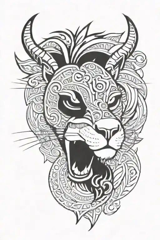 half lion and half goat face in a polynesian and tribal design for my triceps  tattoo design idea