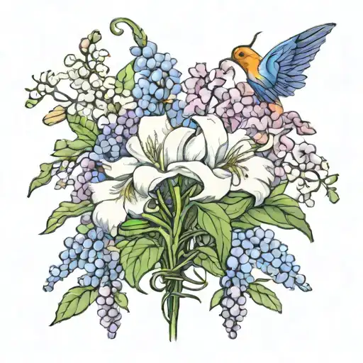 snapdragons, wisteria, and lily of the nile intertwining. tattoo design idea