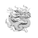 dragon fighting with a tiger and cherry blossoms surrounding them tattoo design idea