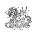 dragon fighting with a tiger and cherry blossoms surrounding them tattoo design idea
