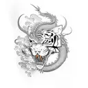 dragon fighting with a tiger and cherry blossoms surrounding them tattoo design idea