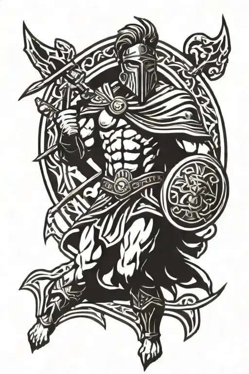 A muscular Spartan with shield and sword. Zeus' head is impaled on the spear tattoo design idea