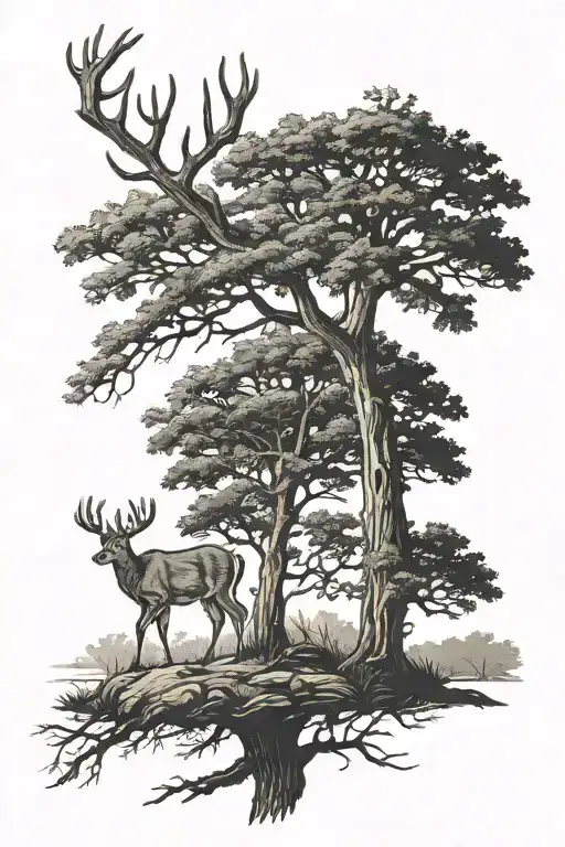 oak tree silhouette whitetail deer standing tattoo design idea