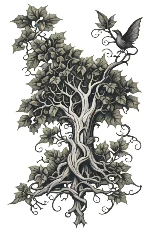 family tree intertwined with ivy vines tattoo design idea