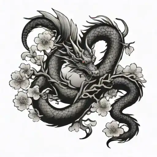 Dragon and cherry blossom tree tattoo design idea