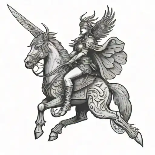A fierce Valkyrie warrior riding a Turul bird, embodying the client's passion for freedom and Hungarian folklore tattoo design idea