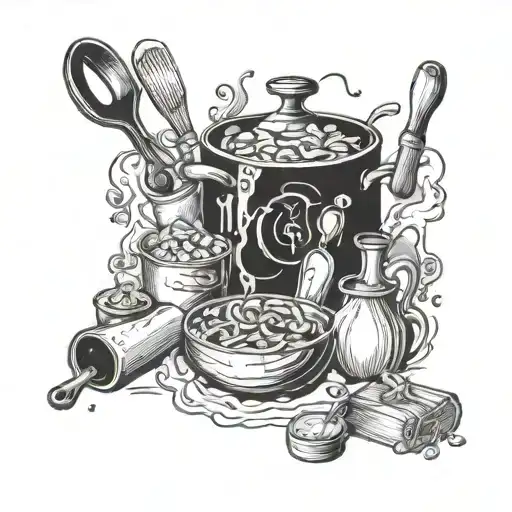 A mystical hocus pocus themed tattoo featuring cooking ingredients and tools intertwined with magical elements tattoo design idea