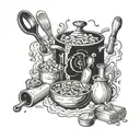 A mystical hocus pocus themed tattoo featuring cooking ingredients and tools intertwined with magical elements tattoo design idea