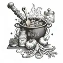 A mystical hocus pocus themed tattoo featuring cooking ingredients and tools intertwined with magical elements tattoo design idea