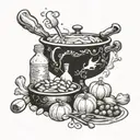 A mystical hocus pocus themed tattoo featuring cooking ingredients and tools intertwined with magical elements tattoo design idea