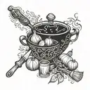 A mystical hocus pocus themed tattoo featuring cooking ingredients and tools intertwined with magical elements tattoo design idea