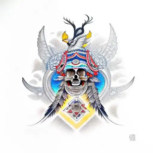 Indian, skull, blue eyes, eagle, gazelle,  tattoo design idea