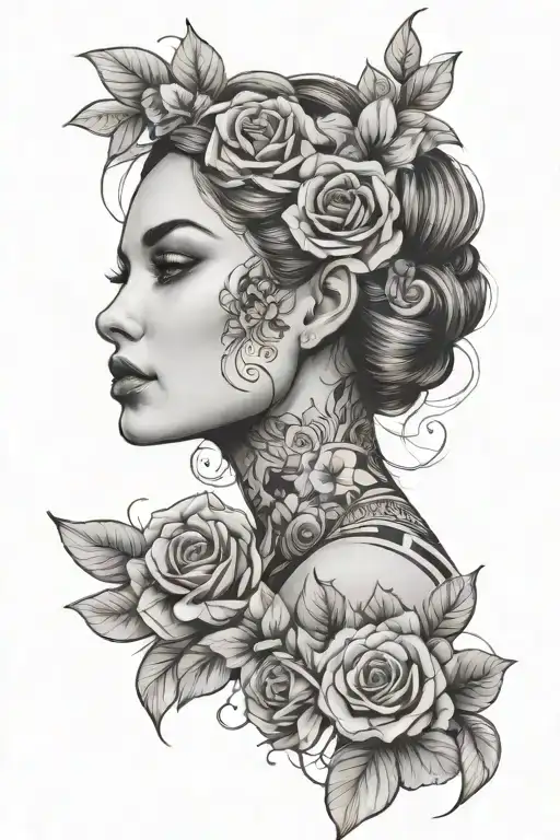floral geometric artistic lady face tattoo design idea