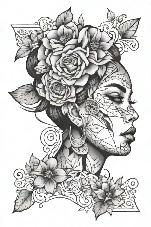 floral geometric artistic lady face tattoo design idea