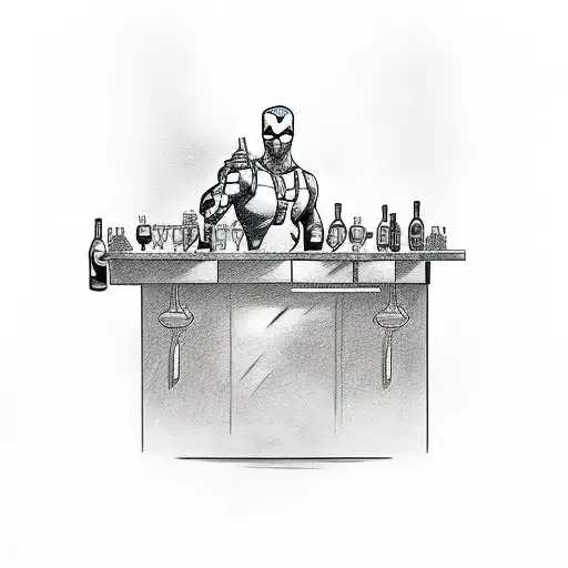 A sketch-style tattoo depicting Deadpool mixing drinks behind a bar tattoo design idea
