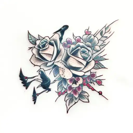 dark, vinitage, flowers, crows, raven tattoo design idea
