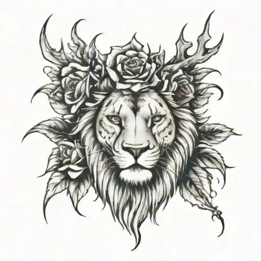 lions face holding a rose with thorn crown tattoo design idea