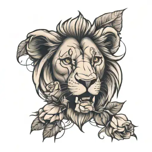 Lion face biting a draped rose intertwined tattoo design idea