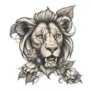 Lion face biting a draped rose intertwined tattoo design idea