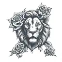 Lion face biting a draped rose intertwined tattoo design idea