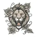 Lion face biting a draped rose intertwined tattoo design idea