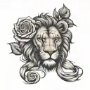 Lion face biting a draped rose intertwined tattoo design idea